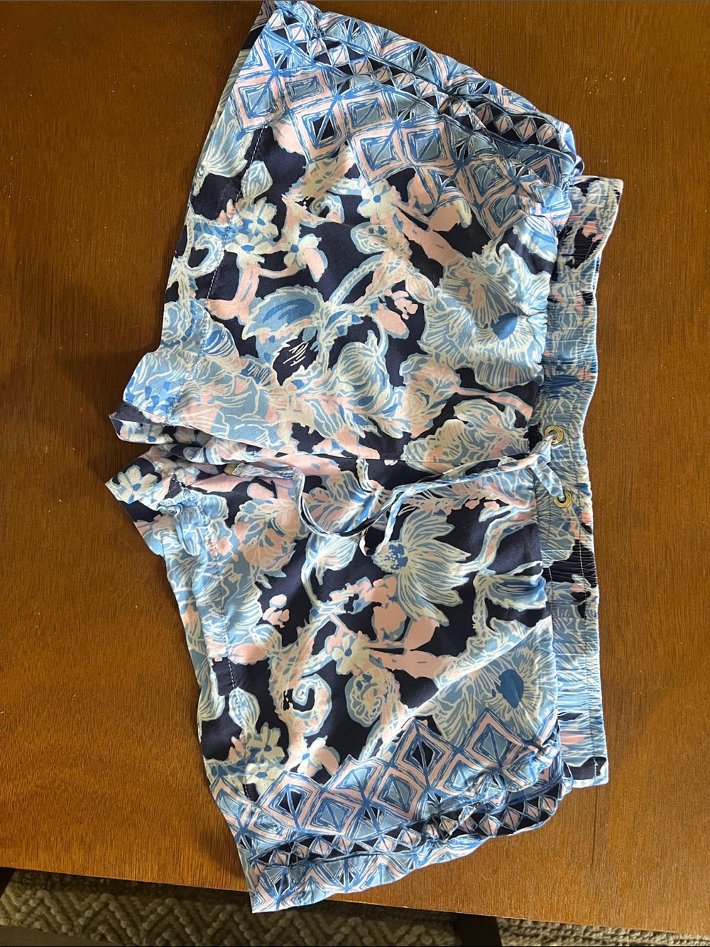 Lilly Pulitzer Navy Shorts with Light Blue and Pale Pink Floral Pattern
